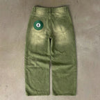 Y2K Street Matcha Denim Jeans Pocket Green 6 Ball Embroidery Denim Pants London High Street Trend Streetwear Unisex Baggy Jeans