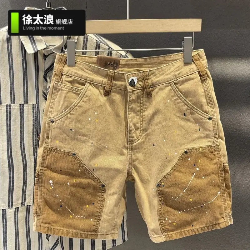 Summer Fashion Splicing Casual Shorts Men's Loose Straight Ruffian Handsome Splashing Ink High-end Five-point Khaki Short Pants