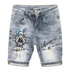 New Kpop Summer Casual Knee Length Men's Jeans Shorts Fashion Embroidered Rabbit Printed Hot Drilled Slim Thin Short Trousers