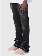 Men's Fashion Jeans Work Pants, European and American Fashion Workwear Elastic Patchwork Denim Layered Flared Pants S-XXL