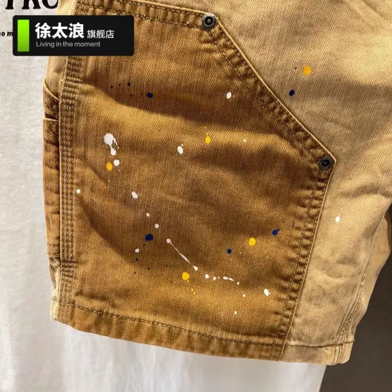 Summer Fashion Splicing Casual Shorts Men's Loose Straight Ruffian Handsome Splashing Ink High-end Five-point Khaki Short Pants