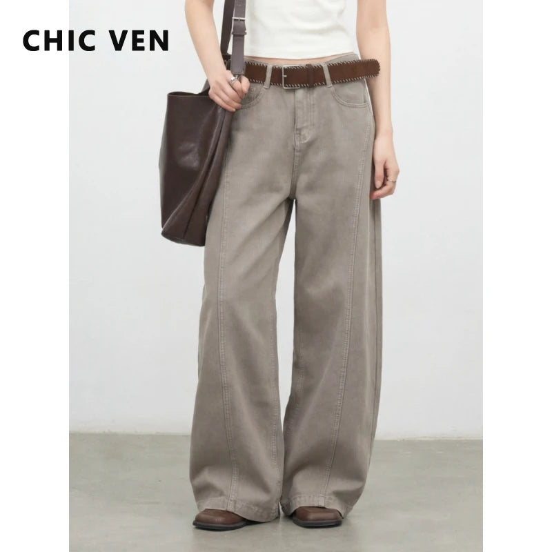 CHIC VEN Korean Women Jeans Solid Loose Casual Retro High Waist Wide Legs Denim Pants Ladies Trousers Spring Autumn 2026
