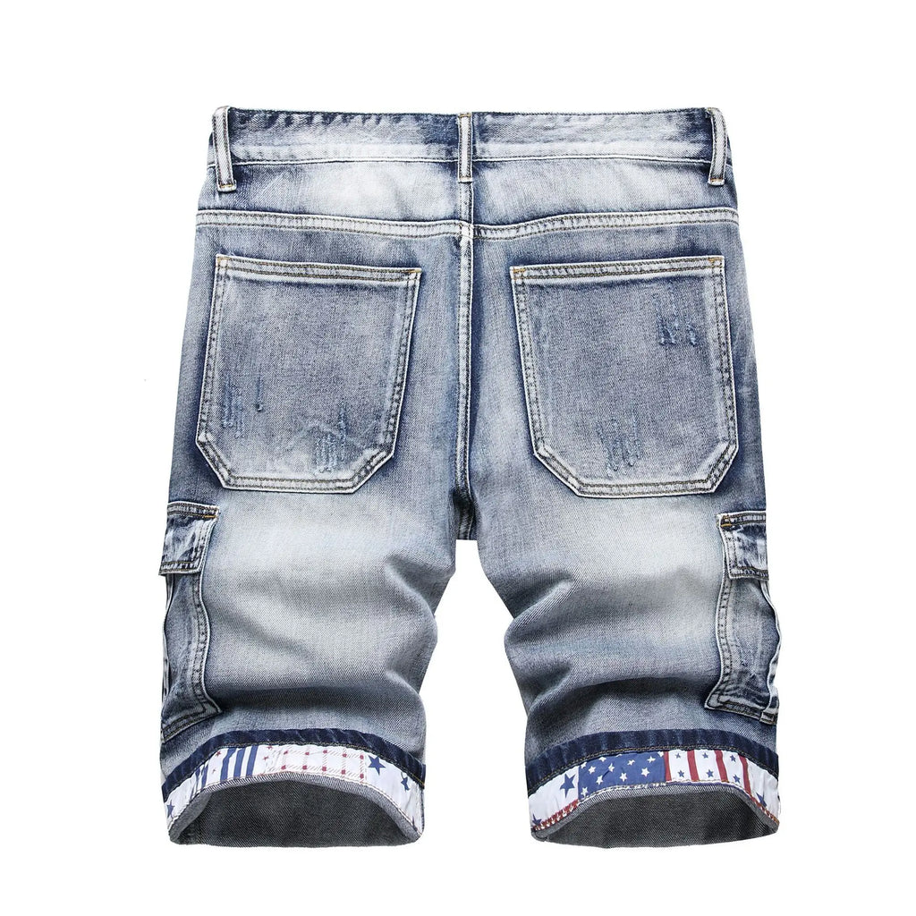 Denim Shorts Men Cargo Jeans Knee Length Multiple Pockets Mid Waist Distressed Washed Summer Straight Short Pants Streetwear