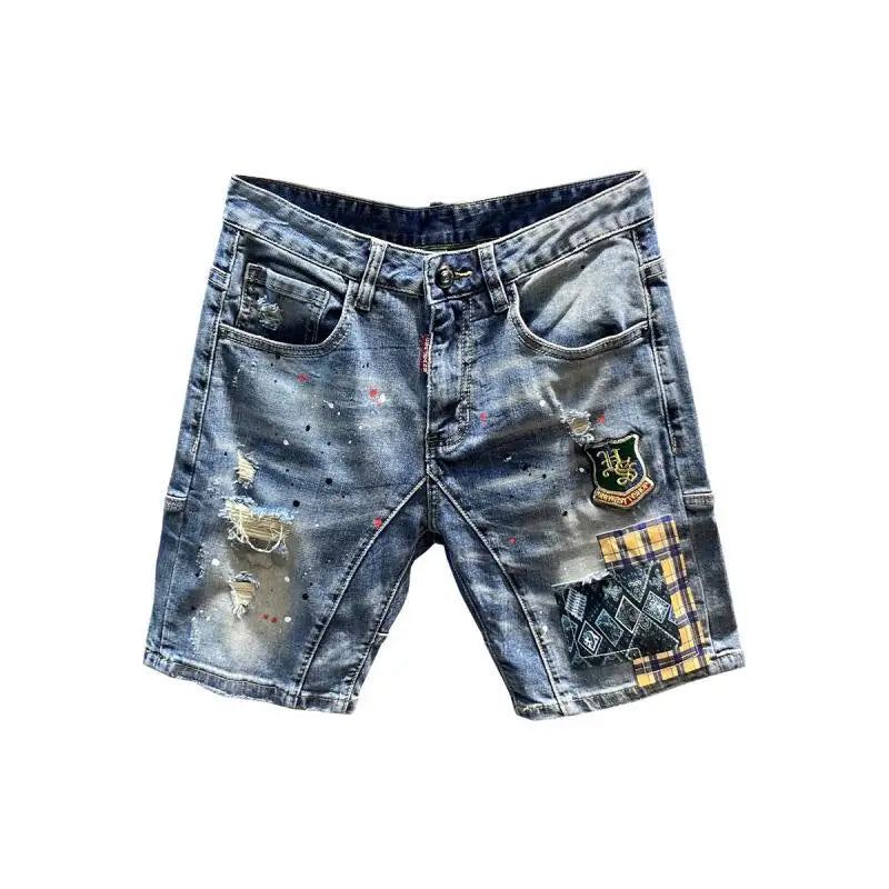 High Quality Luxury Clothing Streetwear Korean Cowboy Fashion Embroidery Patch Knee Length Shorts Men's Summer Casual Jeans