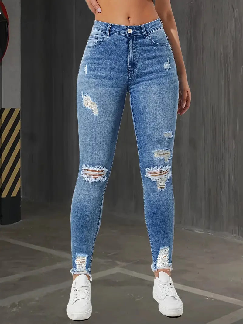 Fashion Skinny Hole Jeans Women 2025 Autumn Stretchy High Waisted Ripped Slim Retro Solid Color Denim Trousers Pants