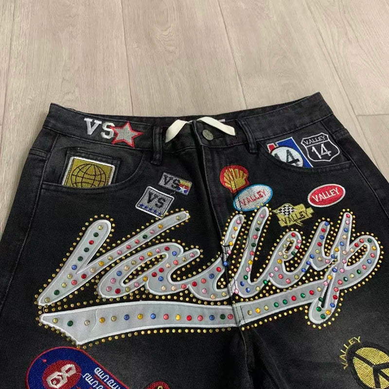 Colorful Rhinestone VALLEY Embroidery Patch Label Denim Shorts Jorts Men Women High Quality Loose Straight Short Jeans