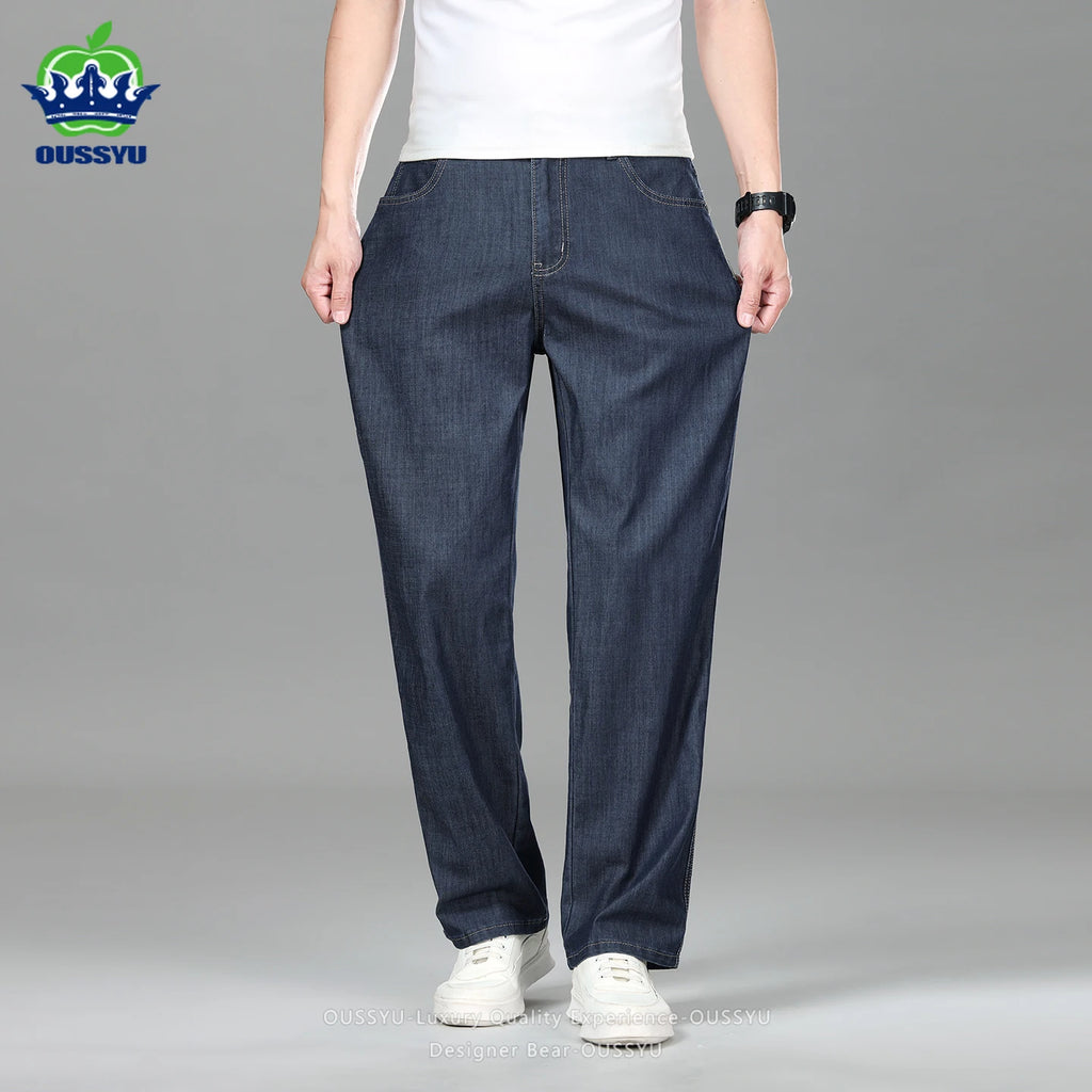 High Quality Men's Summer Baggy Straight Jeans Business Casual High Waist Denim Pants Lyocell Fabric Office Work Trousers Man