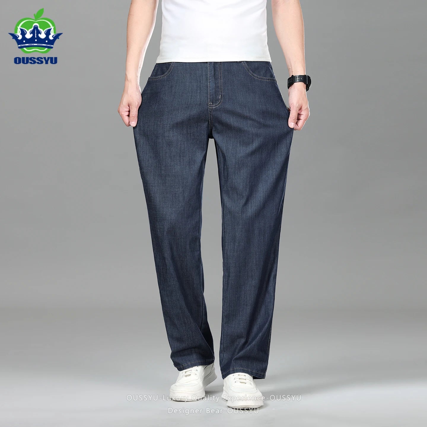 High Quality Men's Summer Baggy Straight Jeans Business Casual High Waist Denim Pants Lyocell Fabric Office Work Trousers Man