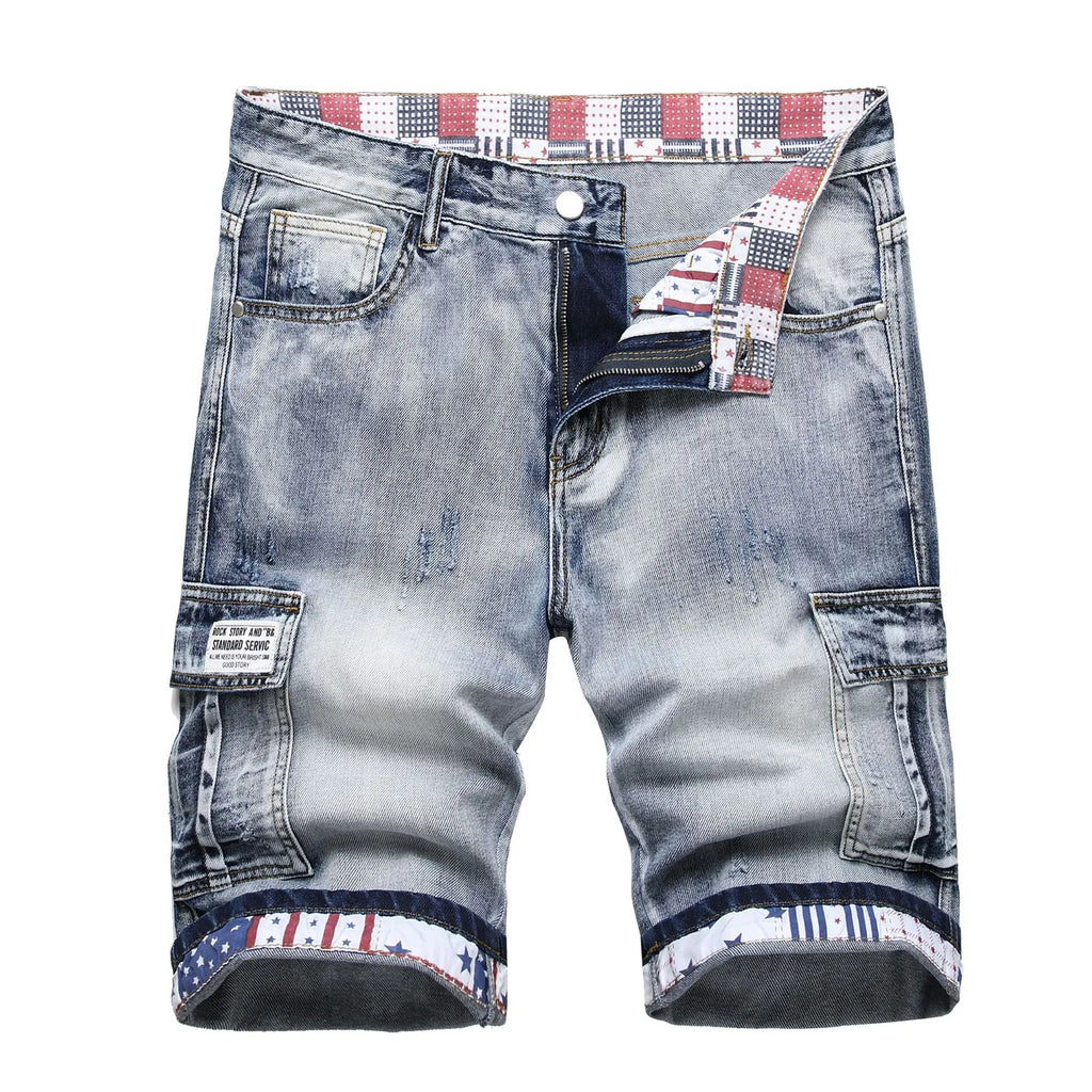 Denim Shorts Men Cargo Jeans Knee Length Multiple Pockets Mid Waist Distressed Washed Summer Straight Short Pants Streetwear