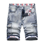 Denim Shorts Men Cargo Jeans Knee Length Multiple Pockets Mid Waist Distressed Washed Summer Straight Short Pants Streetwear
