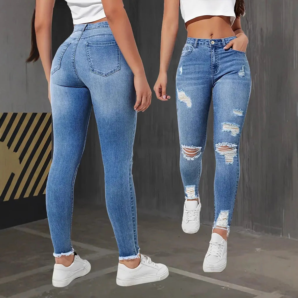 Fashion Skinny Hole Jeans Women 2025 Autumn Stretchy High Waisted Ripped Slim Retro Solid Color Denim Trousers Pants
