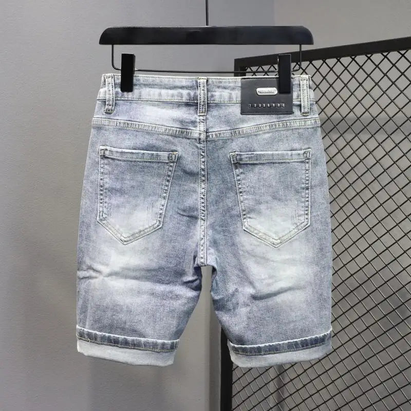 New Kpop Summer Casual Knee Length Men's Jeans Shorts Fashion Embroidered Rabbit Printed Hot Drilled Slim Thin Short Trousers