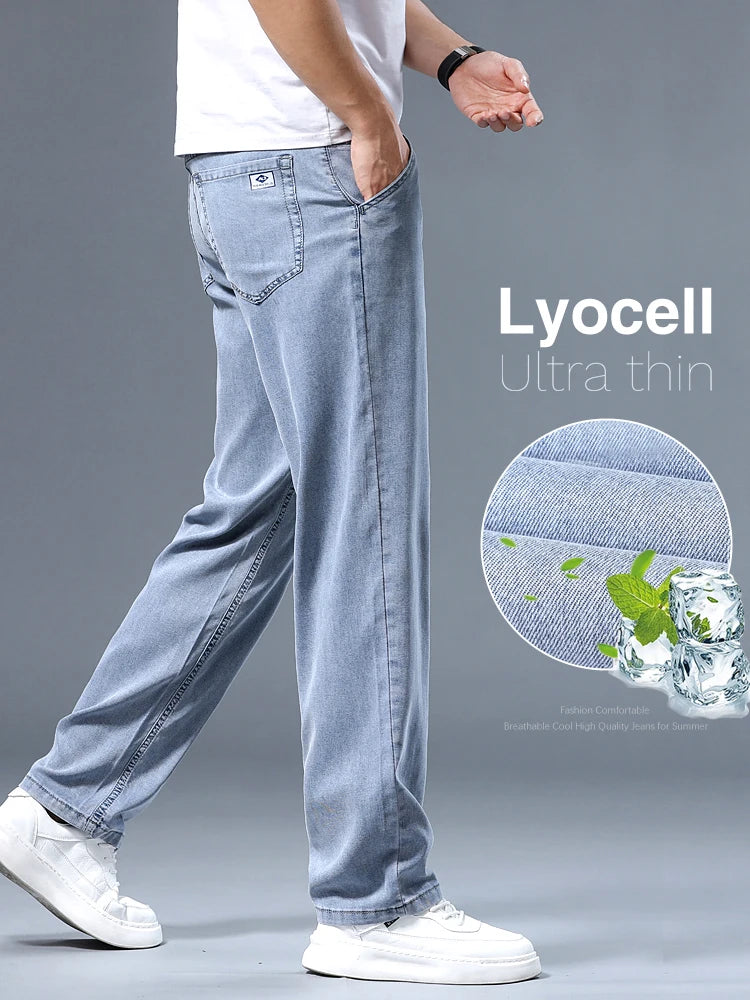 Summer Ultra-thin Men's Jeans Lyocell Soft Breathable Loose Straight Light Blue Denim Pants Business Casual Ice Silk Trousers