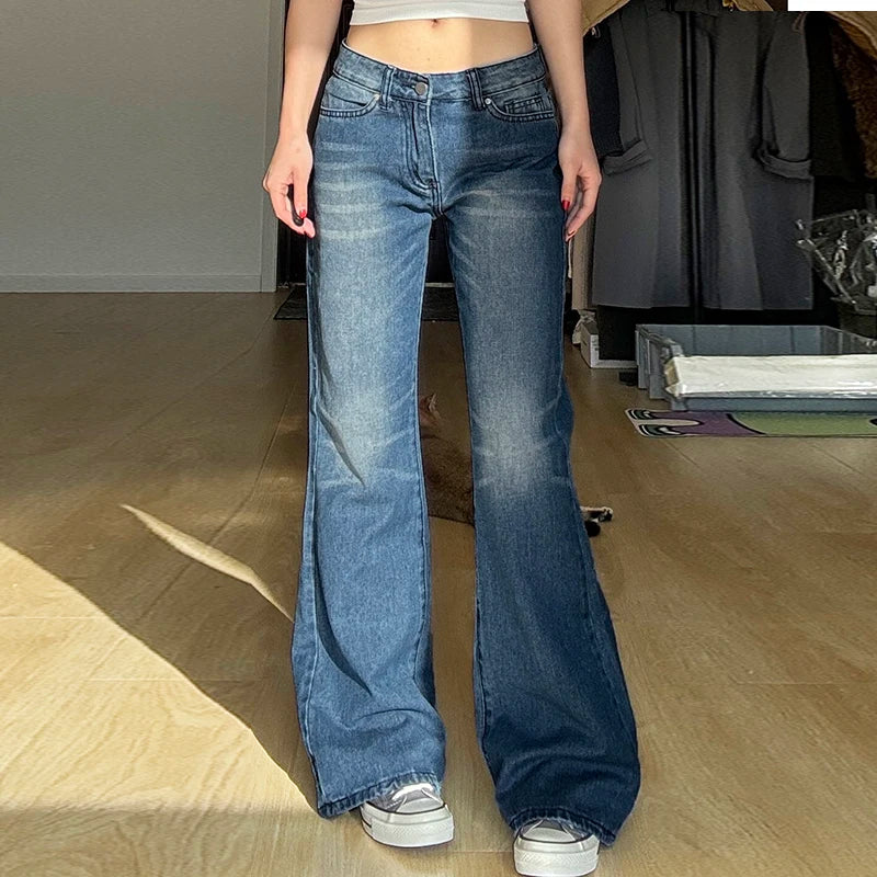 Women's Street Wear Slimming Flared Jeans Fashion Washed Low Waist Button-Fly With Pockets Denim Trousers Chic All Match Bottoms
