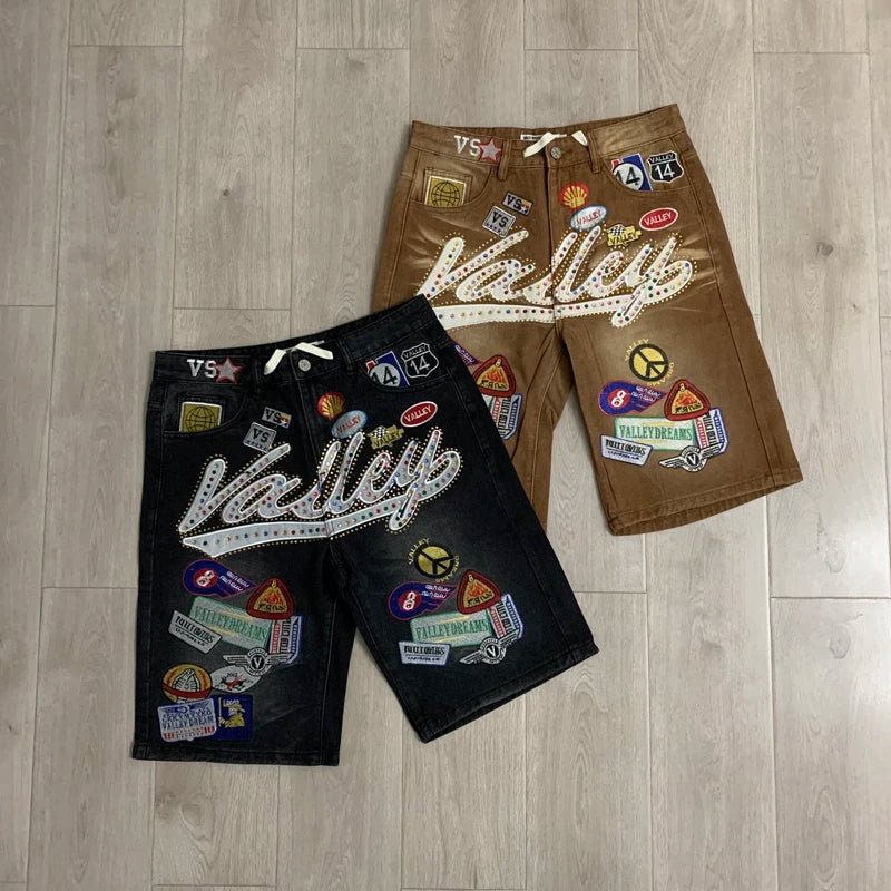 Colorful Rhinestone VALLEY Embroidery Patch Label Denim Shorts Jorts Men Women High Quality Loose Straight Short Jeans