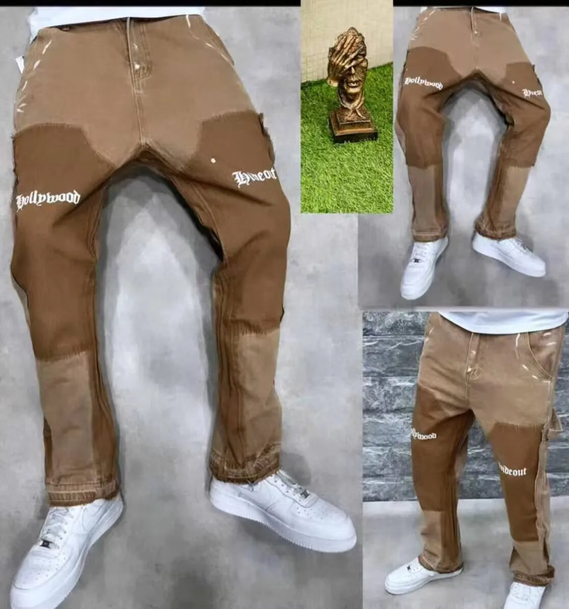 American High Street Heavy Industry Washed Jeans Retro Lumberjack Splicing Flared Pants Men's Tide baggy jeans