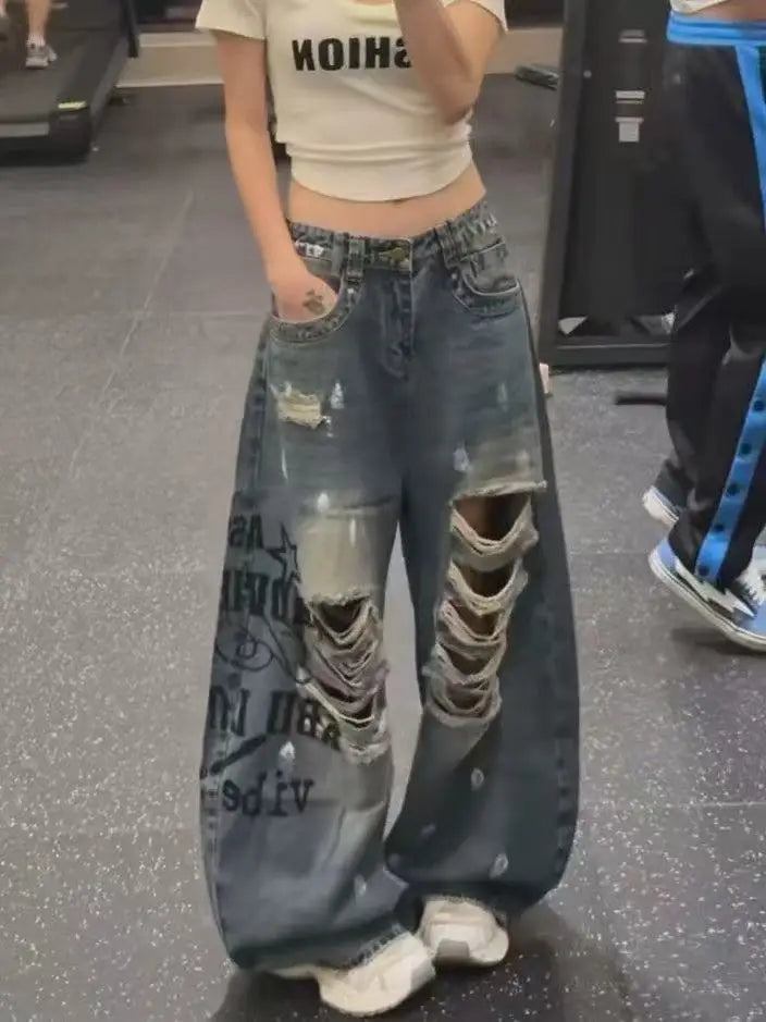 Women's Jean Baggy Wide Fit Ripped Hole Denim Pants Y2K Japanese Harajuku Boyfriend Grunge American Retro Hip-pop Punk Tide New