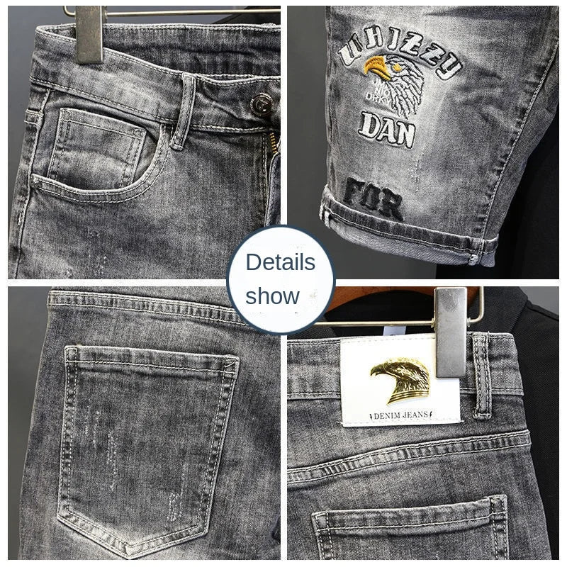 Fashion Trendy Summer Korean Luxury Clothing Cowboy Streetwear Casual Denim Knee Length Stretch embroidered Shorts for Men