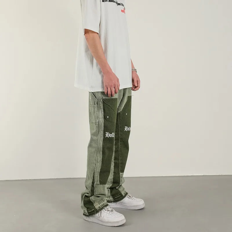 American High Street Heavy Industry Washed Jeans Retro Lumberjack Splicing Flared Pants Men's Tide baggy jeans