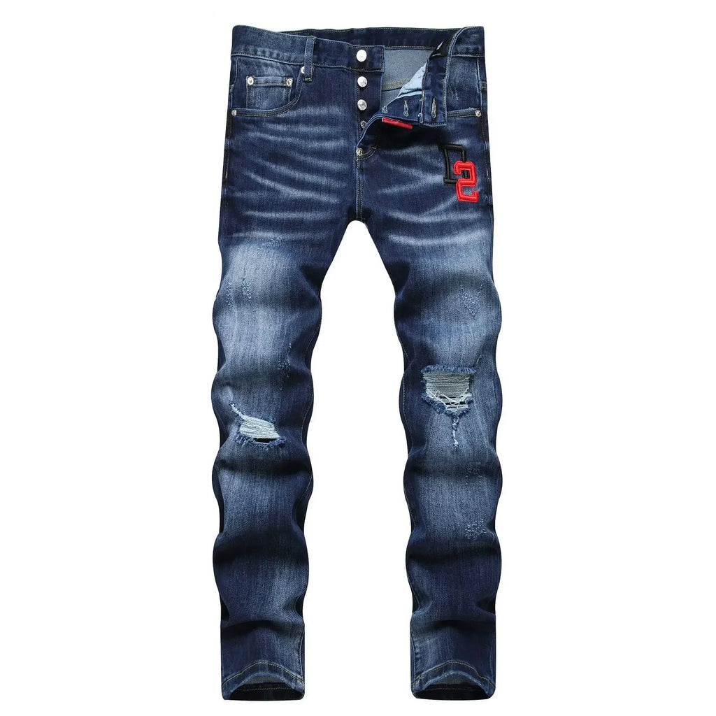 2025 Men's Ripped Jeans Luxury Brand Light Blue Holes Long Trousers Quality Male Fashion Stretch Slim Pants Men Skinny Jeans