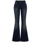 Jeans Flare Pants Women Vintage Boot Cut Embroidery Pockets Rhinestone Washed Female Distressed Denims Trousers Streetwear