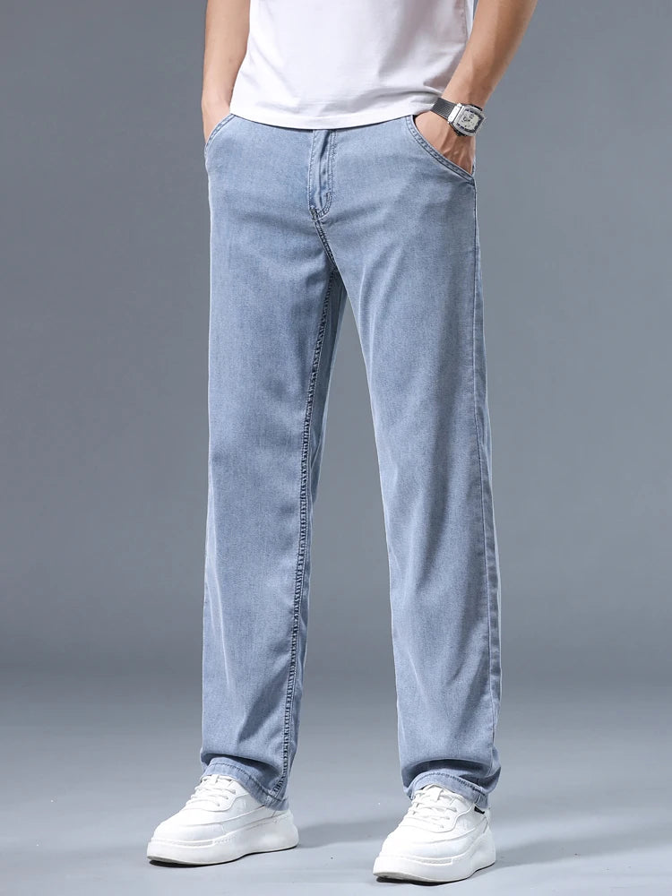 Summer Ultra-thin Men's Jeans Lyocell Soft Breathable Loose Straight Light Blue Denim Pants Business Casual Ice Silk Trousers
