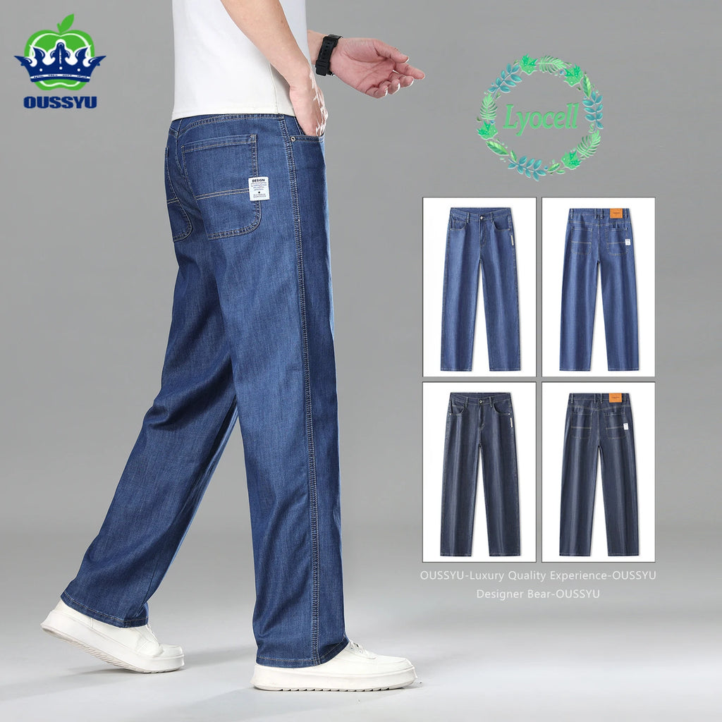 High Quality Men's Summer Baggy Straight Jeans Business Casual High Waist Denim Pants Lyocell Fabric Office Work Trousers Man