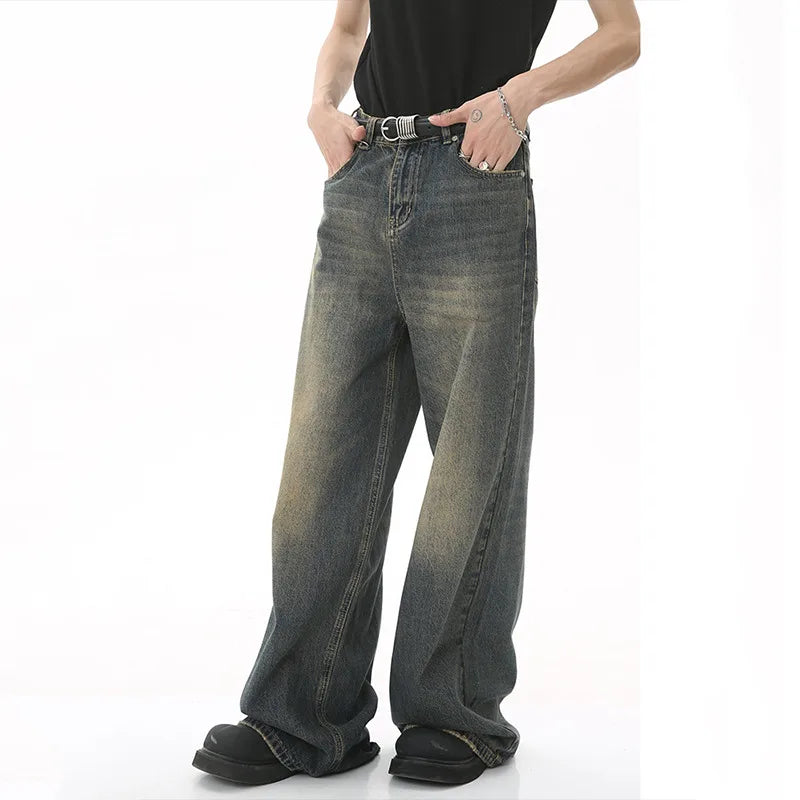 IEFB Summer Men's Denim Pants Old Blue Washed Male Jeans Straight Casual Menwear Loose Wide Leg Trousers New Fashion 9C354