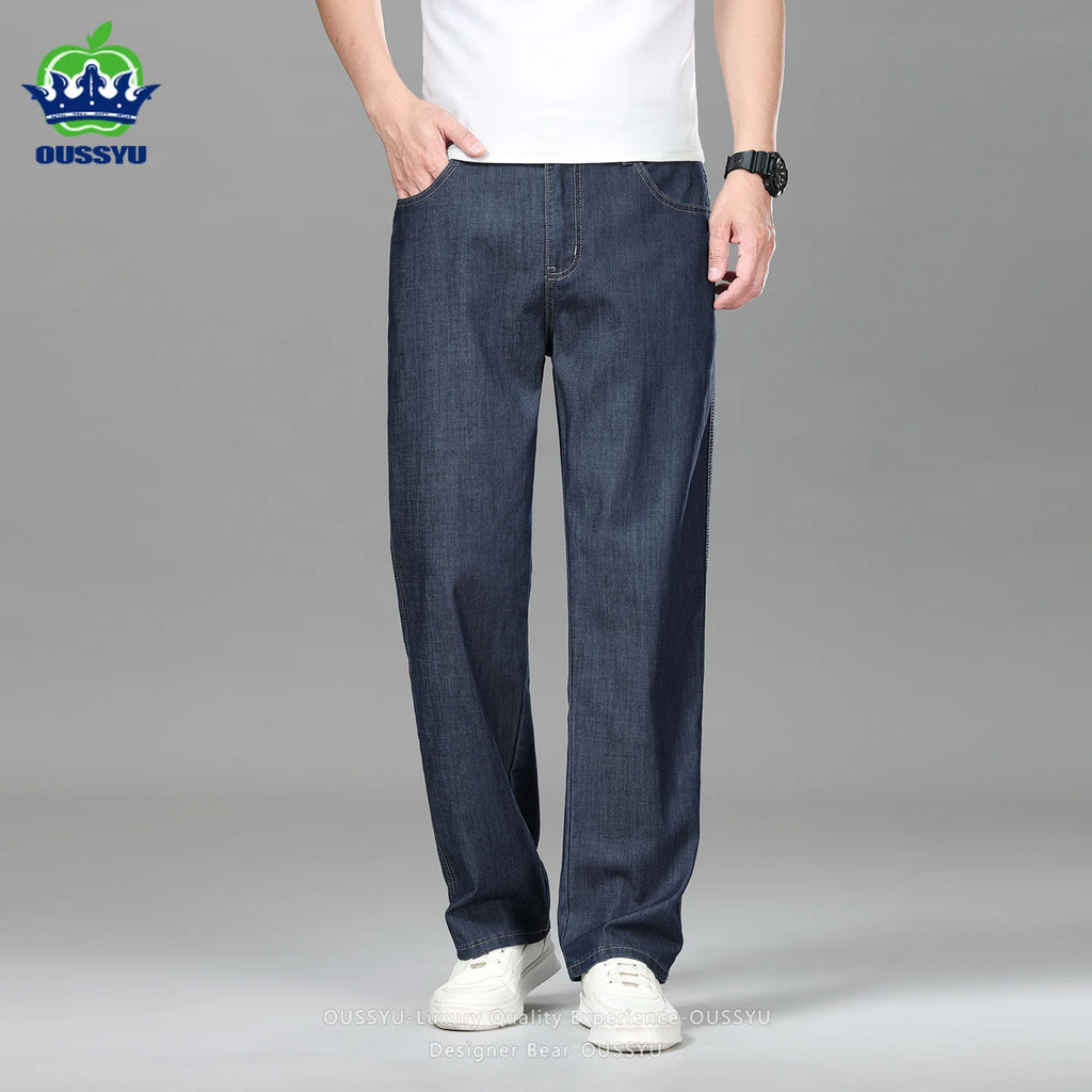 High Quality Men's Summer Baggy Straight Jeans Business Casual High Waist Denim Pants Lyocell Fabric Office Work Trousers Man