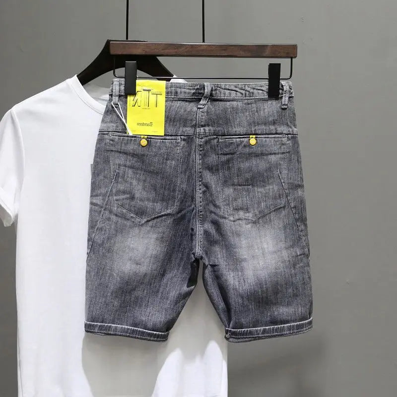 Fashion Trendy Summer Korean Luxury Clothing Cowboy Streetwear Casual Denim Knee Length Stretch embroidered Shorts for Men