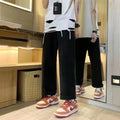American retro washed letter spliced denim trousers high street trendy brand couple loose straight micro-flared long trousers