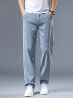 Summer Ultra-thin Men's Jeans Lyocell Soft Breathable Loose Straight Light Blue Denim Pants Business Casual Ice Silk Trousers