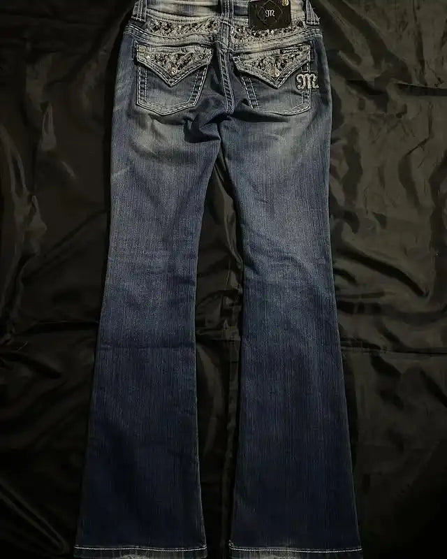 Streetwear Vintage Jeans Y2K Clothes Womens Vintage Pocket Sequin Washed Blue Baggy Jeans Mid Rise Slim Fit Trousers