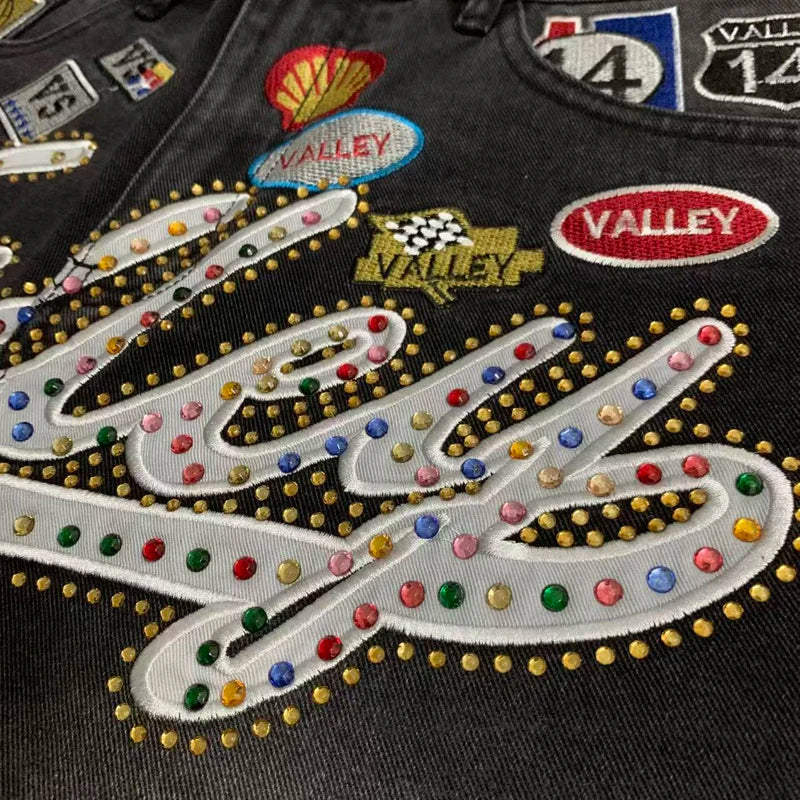 Colorful Rhinestone VALLEY Embroidery Patch Label Denim Shorts Jorts Men Women High Quality Loose Straight Short Jeans