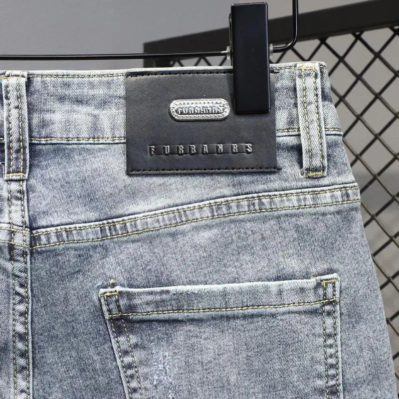 New Kpop Summer Casual Knee Length Men's Jeans Shorts Fashion Embroidered Rabbit Printed Hot Drilled Slim Thin Short Trousers