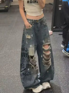 Women's Jean Baggy Wide Fit Ripped Hole Denim Pants Y2K Japanese Harajuku Boyfriend Grunge American Retro Hip-pop Punk Tide New