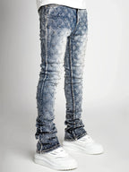 Men's denim fashion personality straight leg men's pants European and American fashion Instagram hot item elastic pearl denim la