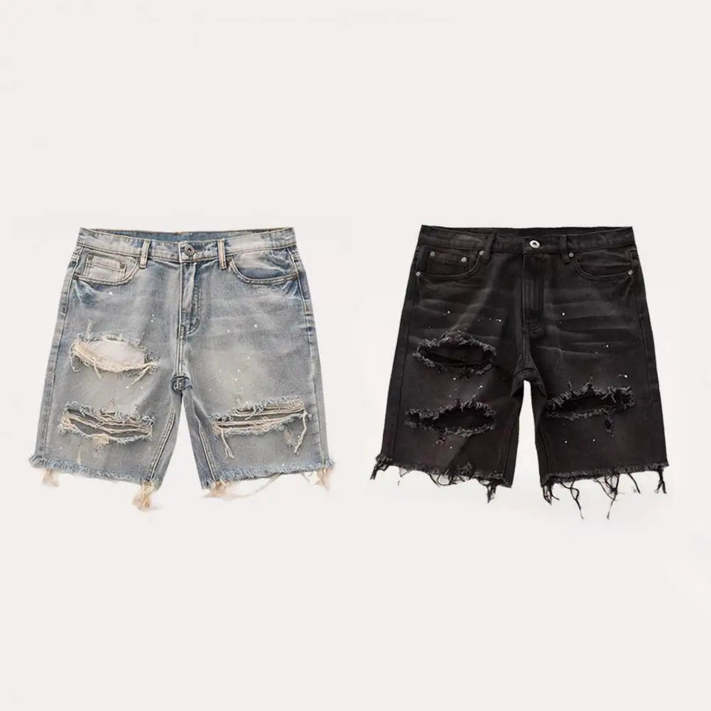 Men Summer Distressed Denim Shorts Button Zipper Fly Multi Pockets Short Jeans Straight Fit Ripped Holes Knee Length Distressed