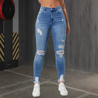 Fashion Skinny Hole Jeans Women 2025 Autumn Stretchy High Waisted Ripped Slim Retro Solid Color Denim Trousers Pants