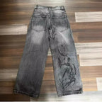 Mens Jeans Y2K Vintage Streetwear Black Gray Wide Leg Denim Pants Abstract Print Washed Distressed Loose Fit Dark Punk Fashion