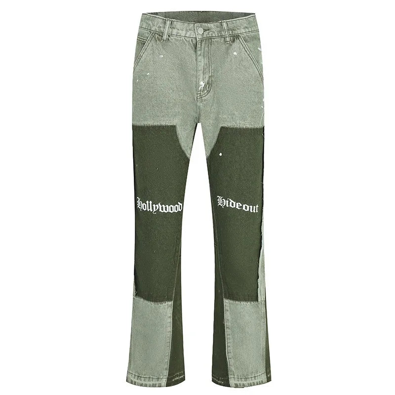 American High Street Heavy Industry Washed Jeans Retro Lumberjack Splicing Flared Pants Men's Tide baggy jeans
