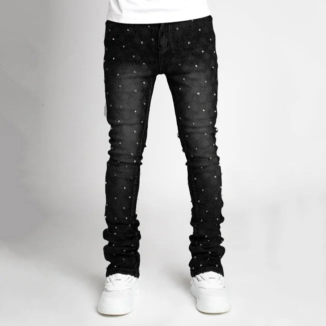 Men's denim fashion personality straight leg men's pants European and American fashion Instagram hot item elastic pearl denim la