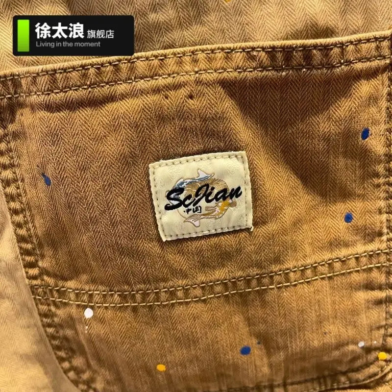 Summer Fashion Splicing Casual Shorts Men's Loose Straight Ruffian Handsome Splashing Ink High-end Five-point Khaki Short Pants