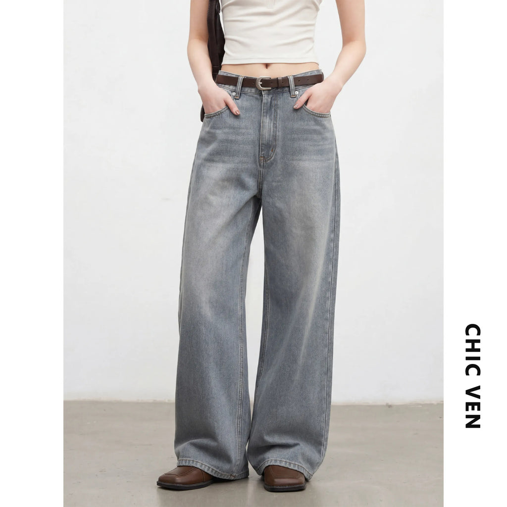 CHIC VEN New Women Jeans Loose Casual Retro Washed Elastic Straight Leg Denim Pant Gray Female Trousers Spring Summer 2026