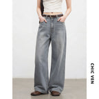 CHIC VEN New Women Jeans Loose Casual Retro Washed Elastic Straight Leg Denim Pant Gray Female Trousers Spring Summer 2026