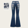 Jeans Flare Pants Women Vintage Boot Cut Embroidery Pockets Rhinestone Washed Female Distressed Denims Trousers Streetwear