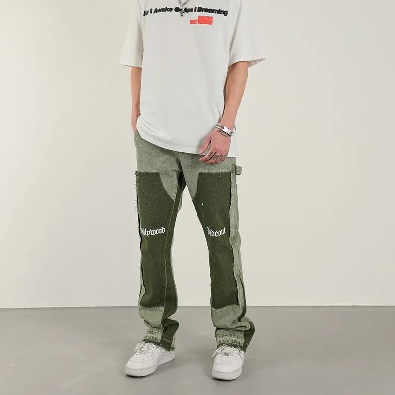 American High Street Heavy Industry Washed Jeans Retro Lumberjack Splicing Flared Pants Men's Tide baggy jeans