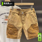 Summer Fashion Splicing Casual Shorts Men's Loose Straight Ruffian Handsome Splashing Ink High-end Five-point Khaki Short Pants
