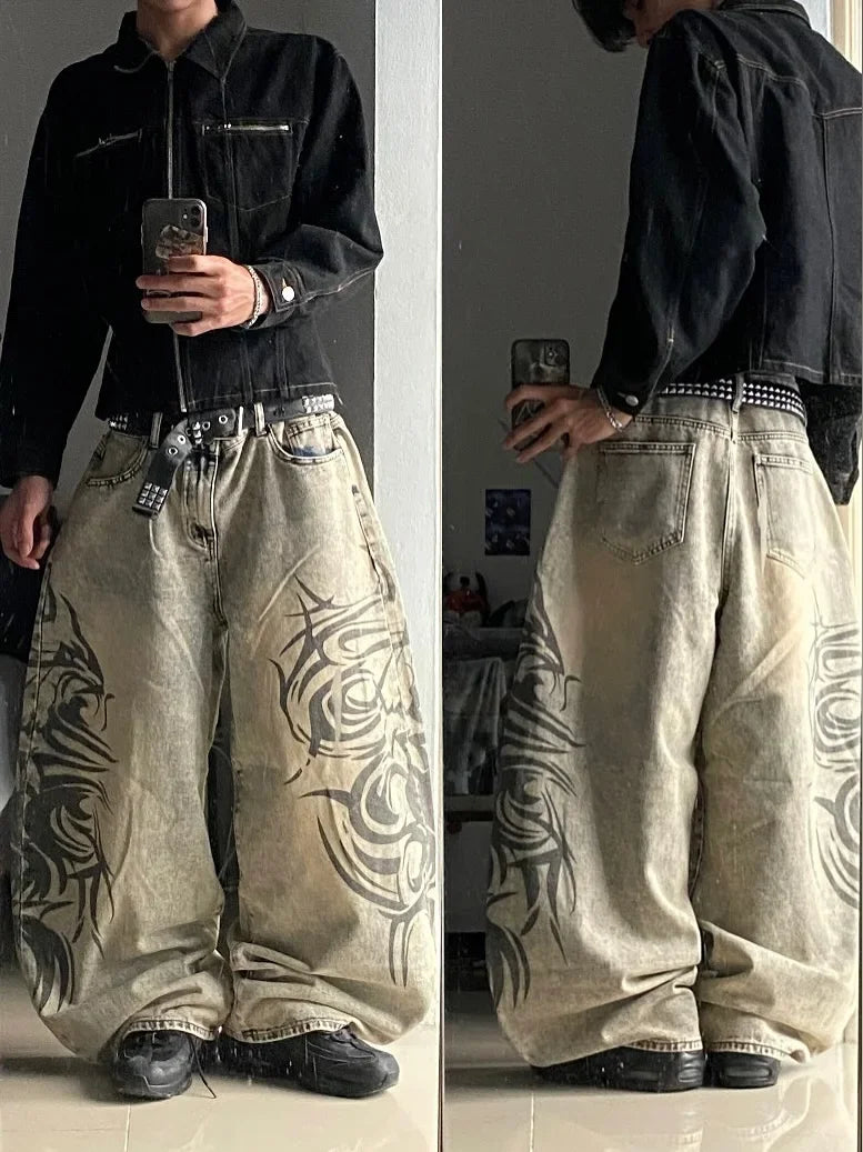 American Y2K New Grey Printing Baggy Jeans Men Women High Street Vintage Hip Hop Harajuku Casual Joker Couple Wide-leg Pants
