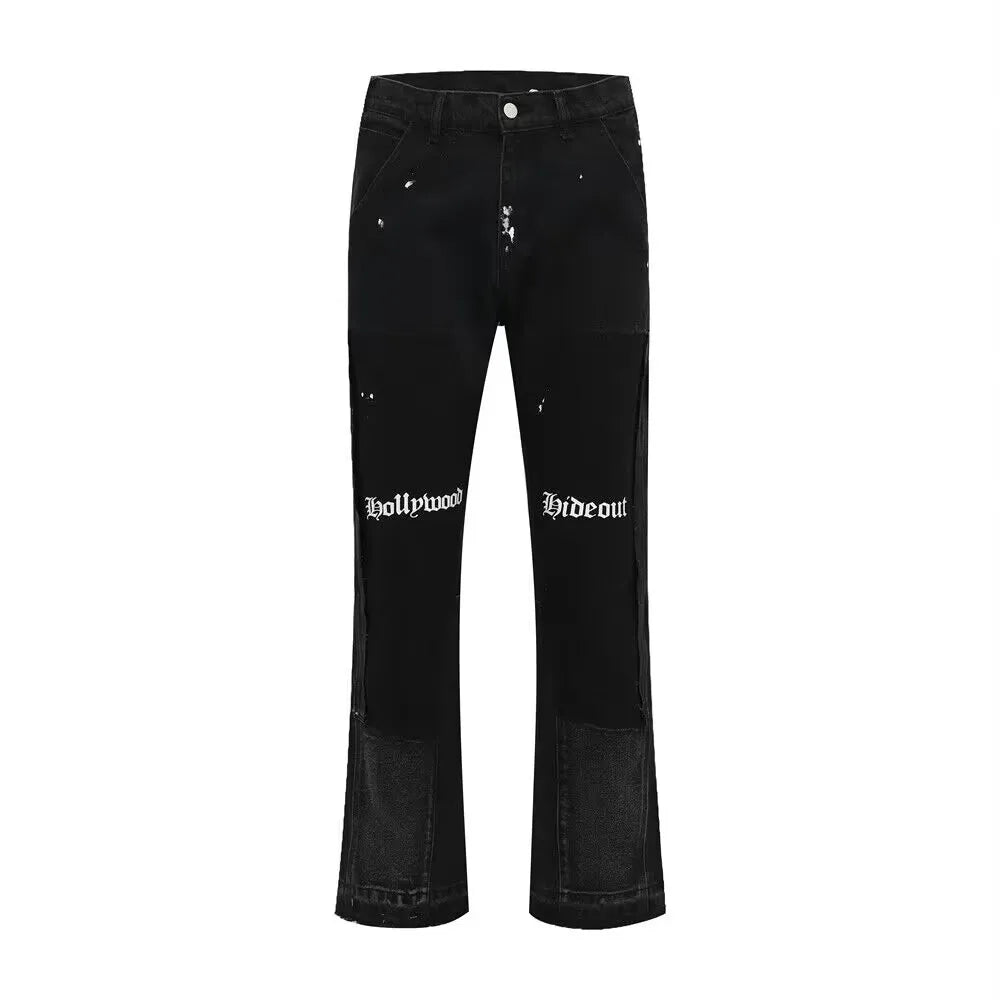American High Street Heavy Industry Washed Jeans Retro Lumberjack Splicing Flared Pants Men's Tide baggy jeans